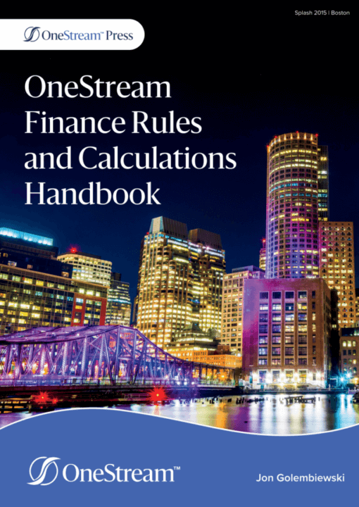 Cover of the "OneStream Finance Rules and Calculations Handbook" by Jon Golembiewski. The background features a nighttime cityscape with illuminated skyscrapers and a lit-up bridge.