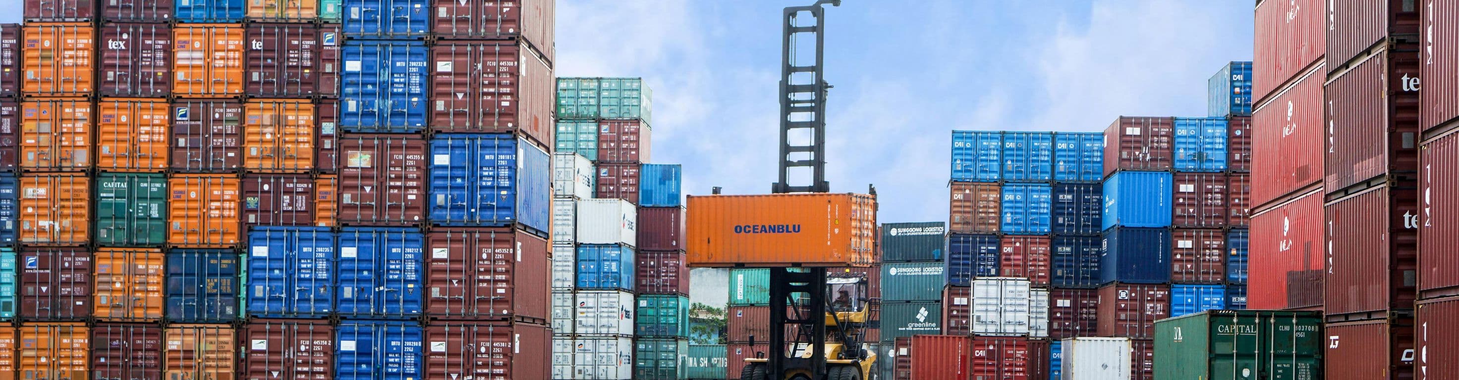 Large forklift manuvering in organized shipping container stacks