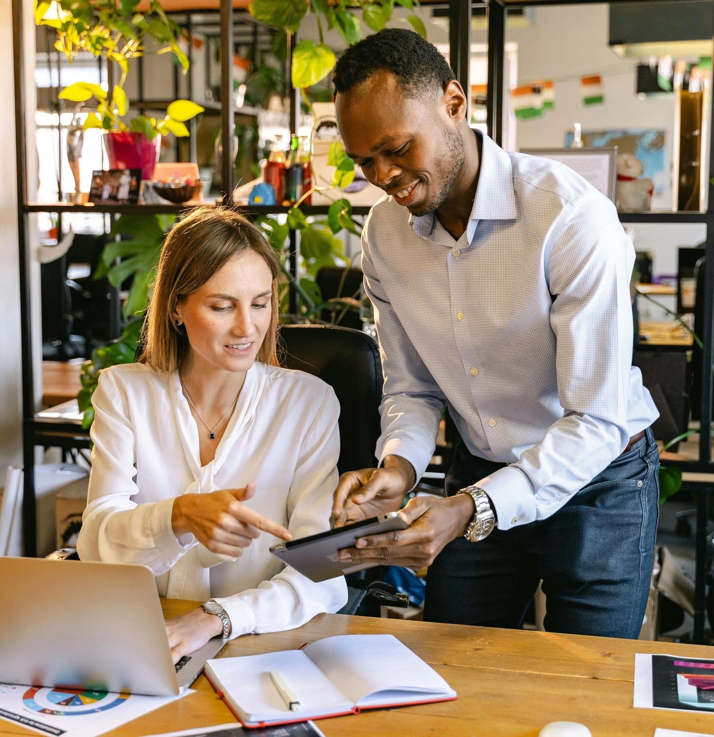 Man and woman collaborating on a tablet in an office with indoor plants