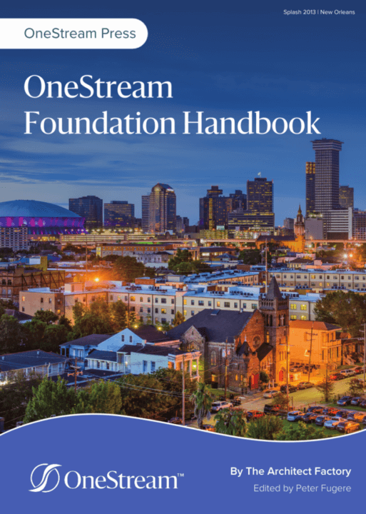 Cover of "OneStream Foundation Handbook" with a view of the New Orleans skyline at night. The book is published by OneStream Press, authored by The Architect Factory, edited by Peter Fugere.