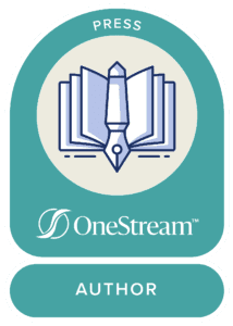 A logo featuring an illustration of an open book with a pen in the middle. It is labeled with the text press, onestream, and author.